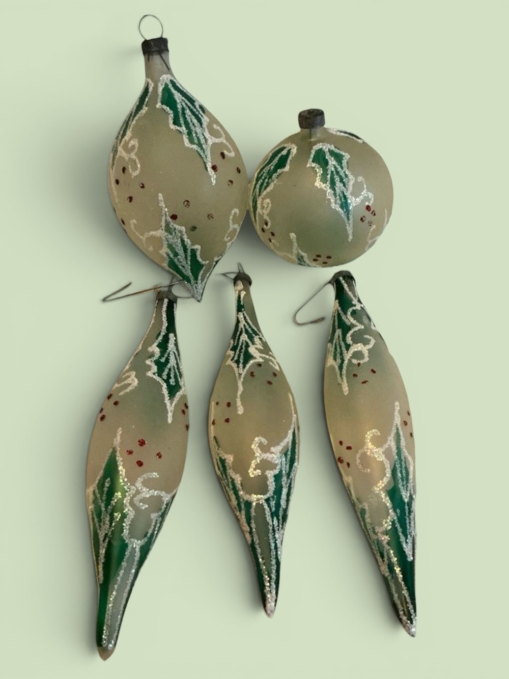 Set of 5 Vintage Hand Blown Glass Holly Ornaments Hand Painted Christmas Decor